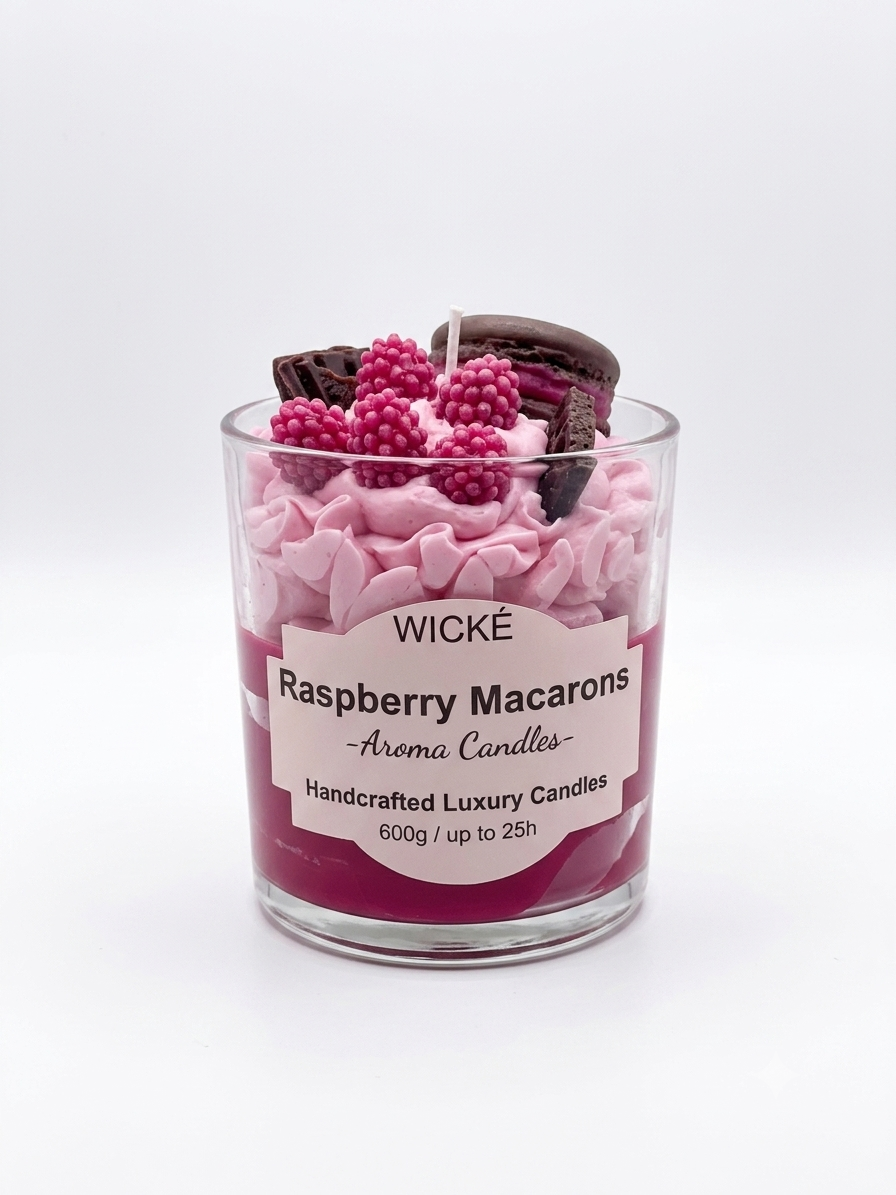 A Raspberry Macrons scented candle by WICKÉ in a clear glass jar, decorated with pink whipped wax, dark red raspberries, and chocolate cookie pieces on top, set against a plain white background.