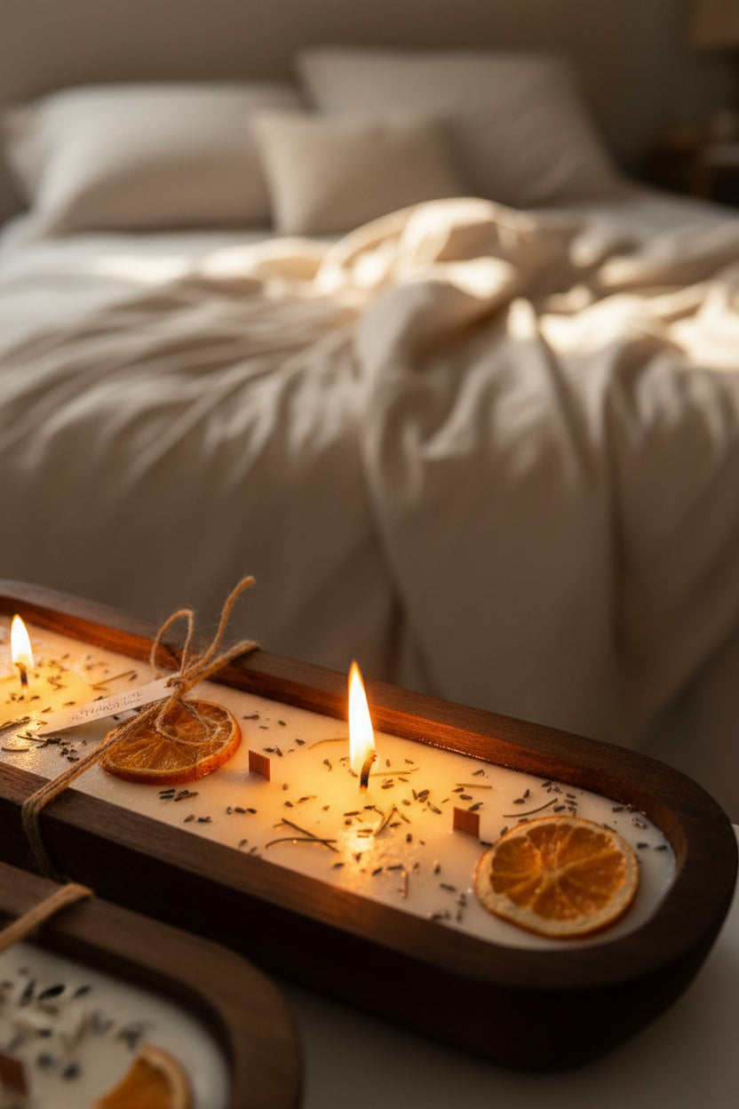 Three wooden tray candles with white wax, dried orange slices, and small sprigs of lavender, tied with twine and labeled, displayed on a white surface.