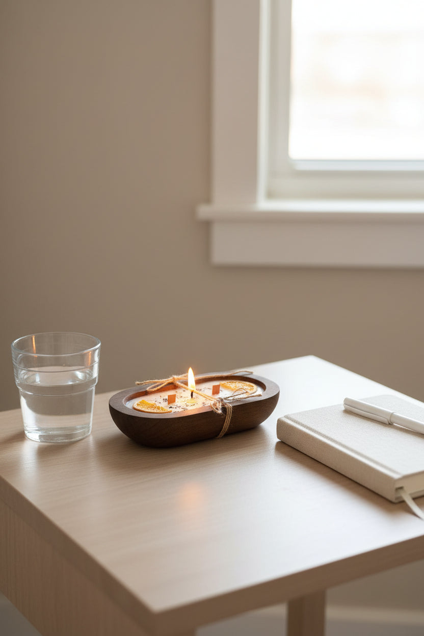 Three wooden tray candles with white wax, dried orange slices, and small sprigs of lavender, tied with twine and labeled, displayed on a white surface.
