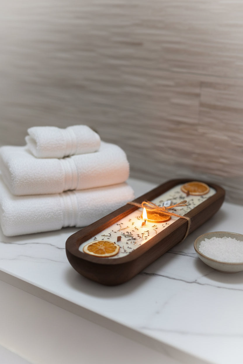 Three wooden tray candles with white wax, dried orange slices, and small sprigs of lavender, tied with twine and labeled, displayed on a white surface.