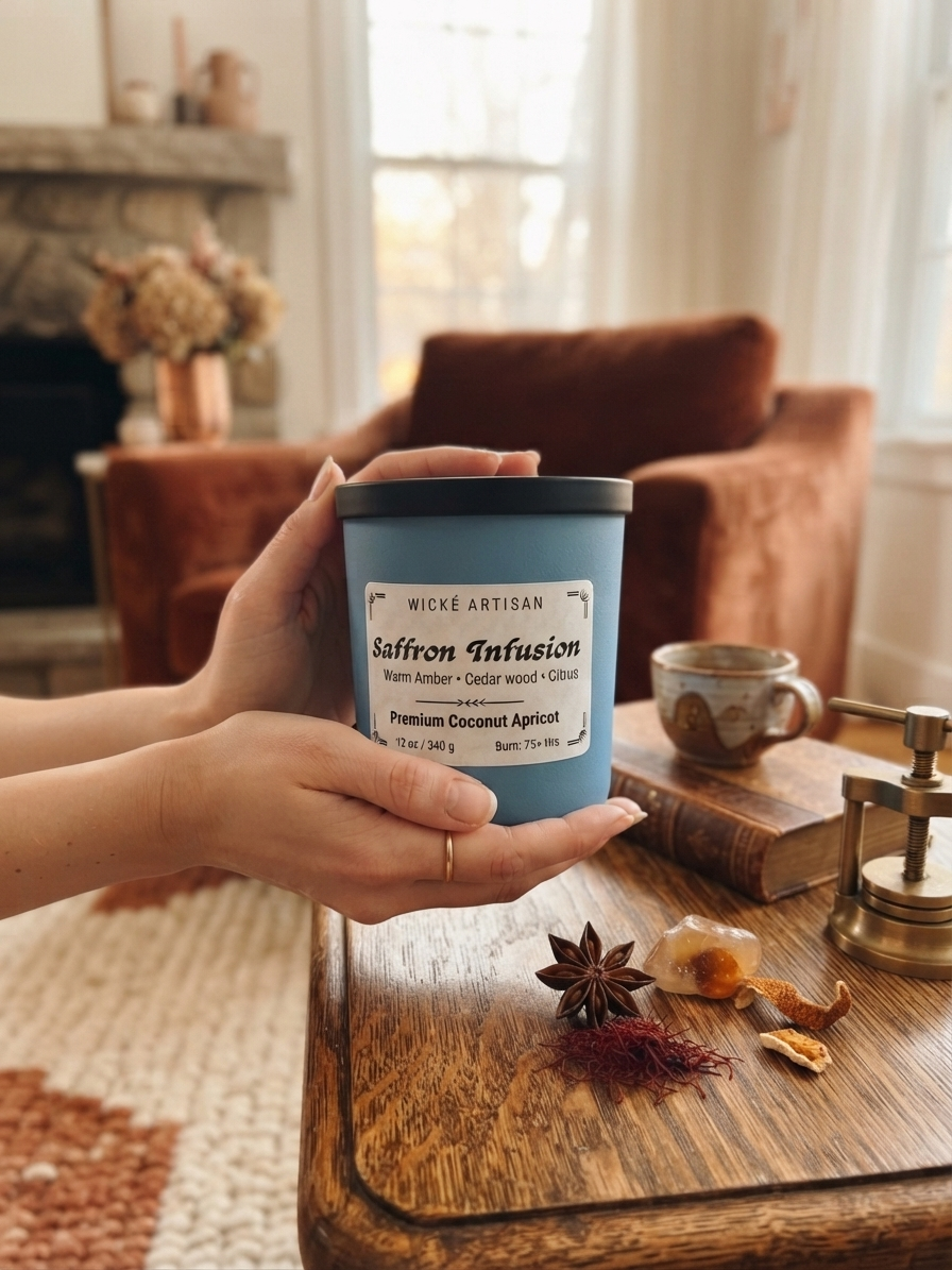 A hand holds a blue jar candle labeled 'Wickie Artisan Saffron Infusion' in a cozy, warm-toned living room setting with a wooden table, book, and fireplace in the background.