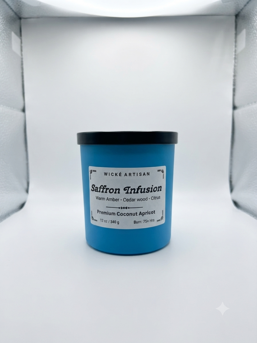 A blue jar candle with a black lid and a white label reading 'Wick’e Artisan Saffron Infusion' on a white studio background.