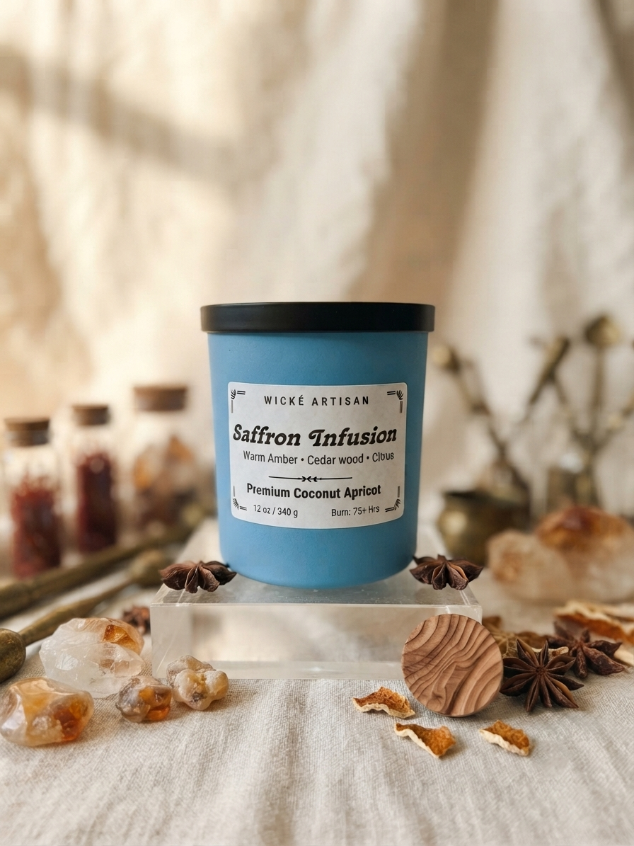 A blue candle jar labeled 'Saffron Infusion' by Wické Artisan, styled on a clear acrylic block with star anise, dried citrus pieces, and crystals on a linen surface.