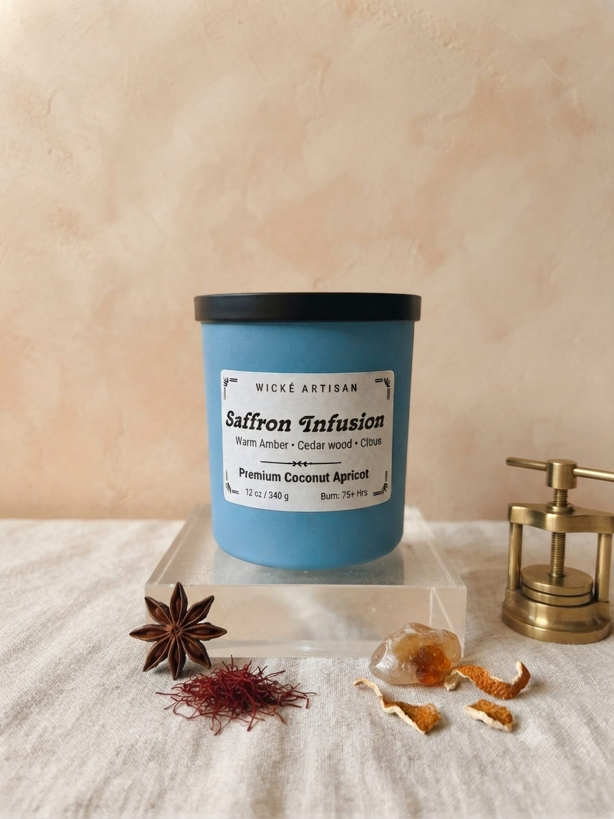 A blue jar candle with a black lid and a white label reading 'Wicki Artisan Saffron Infusion' sits on a clear acrylic block on a white cloth, styled with star anise, red saffron threads, orange peel, and a brass oil lamp against a beige textured background.