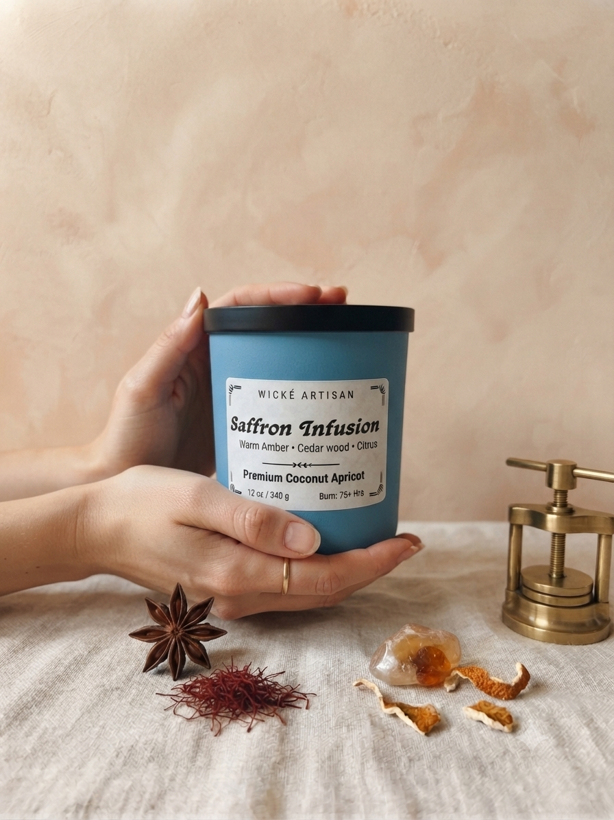 A person holds a blue candle jar labeled 'Saffron Infusion' by Wické Artisan, styled on a linen surface with dried saffron threads, star anise, citrus peel, and a brass lantern against a warm beige background.