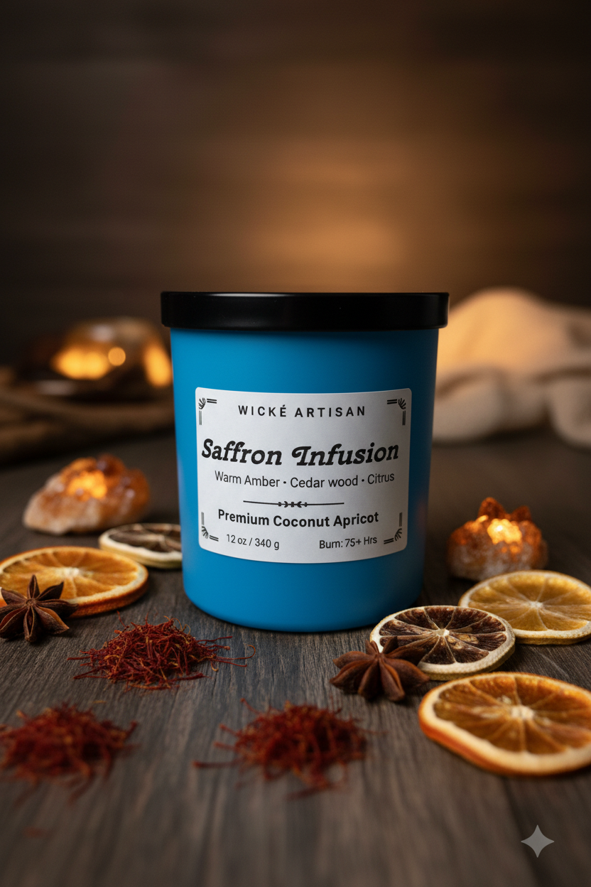 A blue jar candle with a black lid and a white label reading 'Wick’e Artisan Saffron Infusion' styled with dried saffron threads, star anise, and citrus slices on a rustic wooden surface.