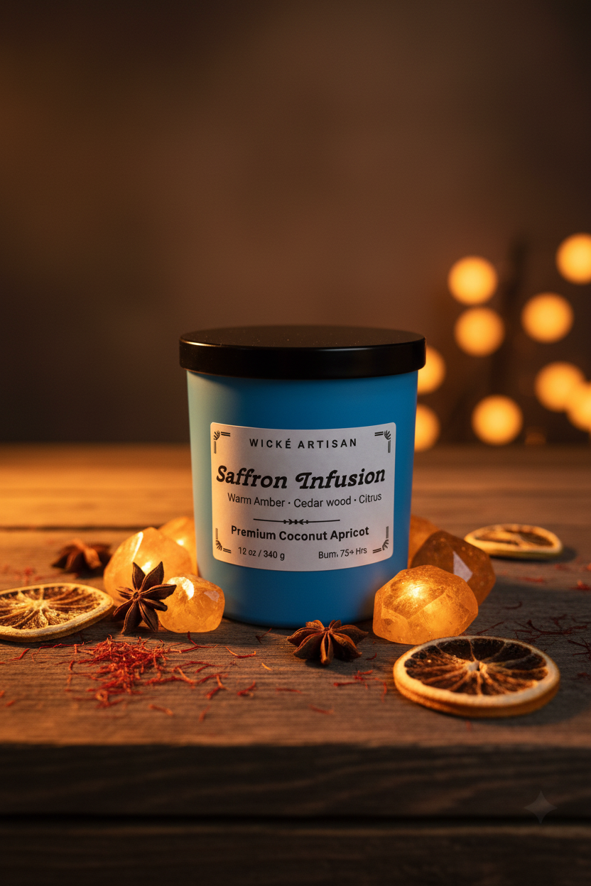 A blue jar candle with a black lid and a white label reading 'Wick’e Artisan Saffron Infusion' on a white studio background.