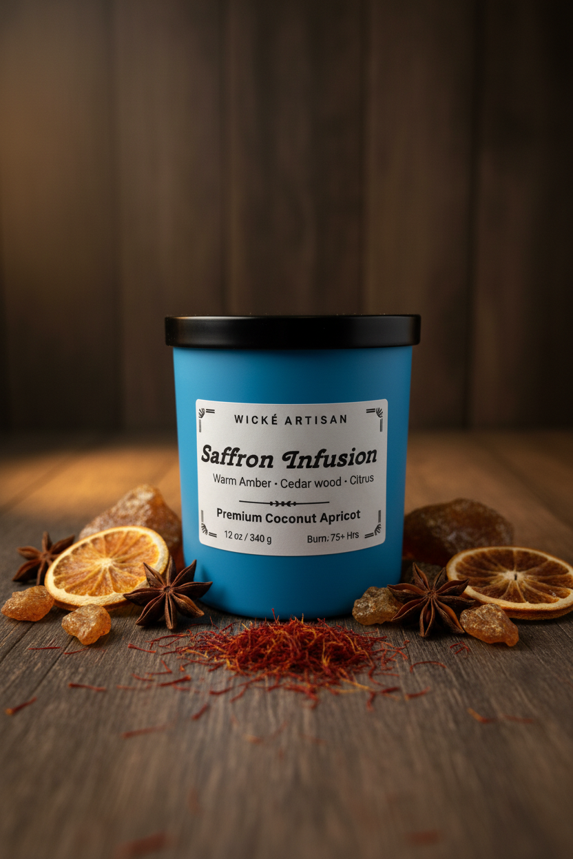 A blue jar candle with a black lid and a white label reading 'Wick’e Artisan Saffron Infusion' on a white studio background.