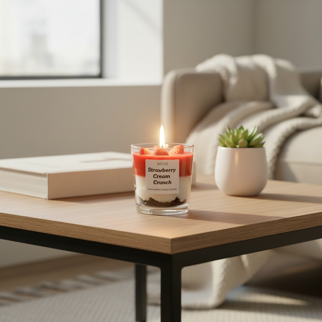 Wické Strawberry Cream Crunch candle in a glass container with layers of red, white, and brown on a white background.
