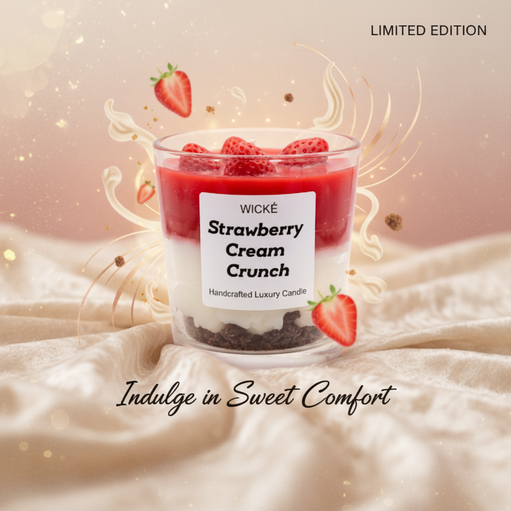 Wické Strawberry Cream Crunch candle in a glass container with layers of red, white, and brown on a white background.