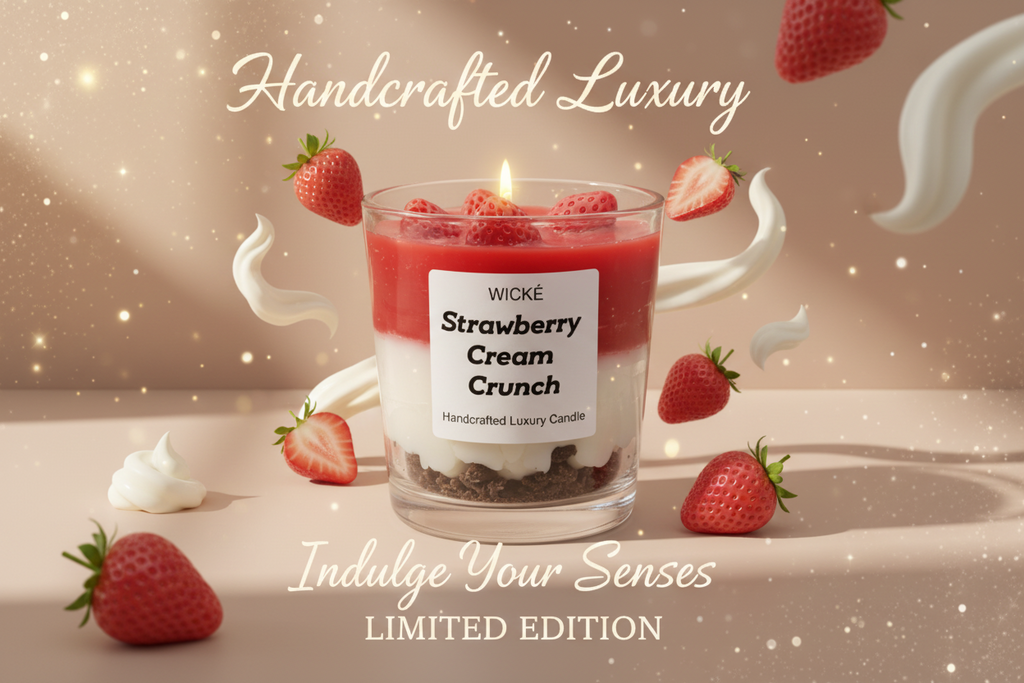 Wické Strawberry Cream Crunch candle in a glass container with layers of red, white, and brown on a white background.