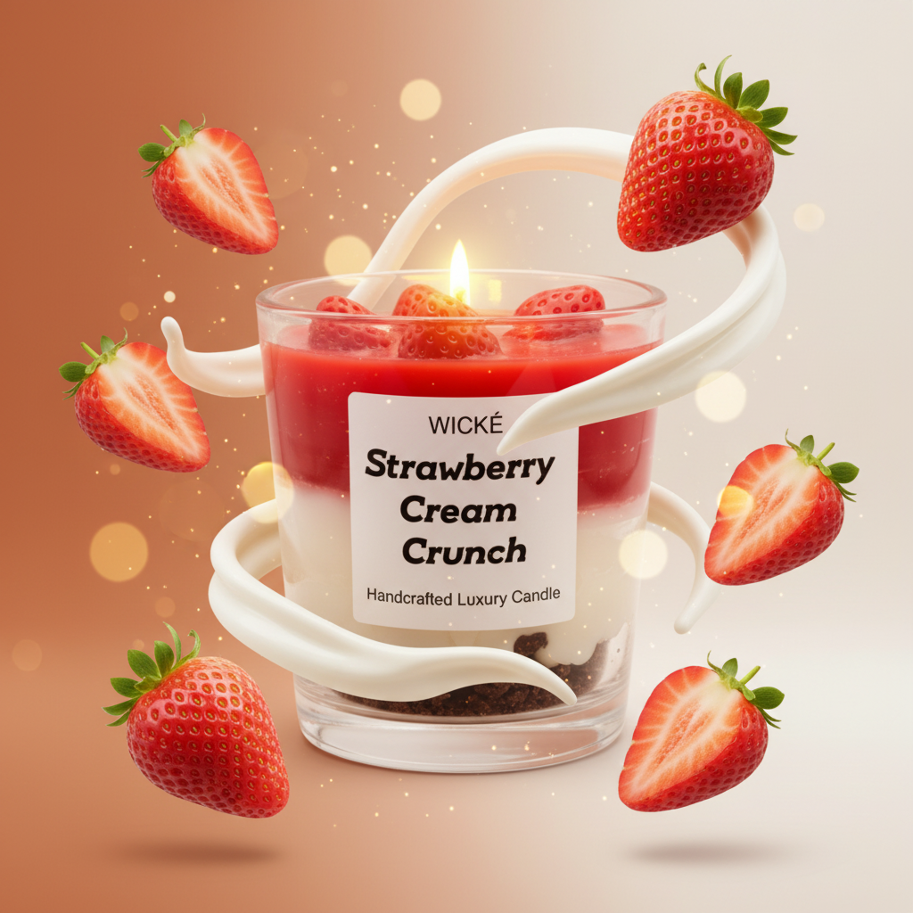 Wické Strawberry Cream Crunch candle in a glass container with layers of red, white, and brown on a white background.