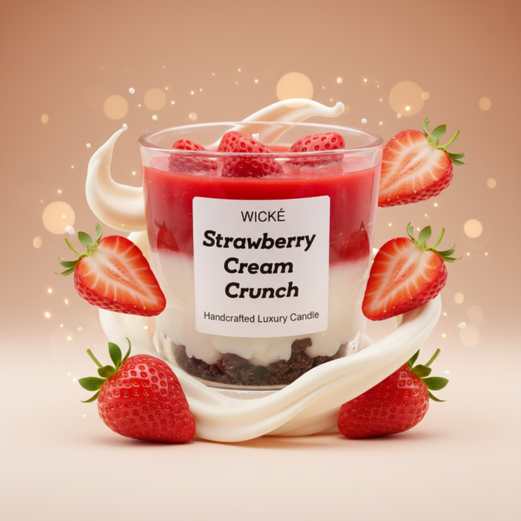 Wické Strawberry Cream Crunch candle in a glass container with layers of red, white, and brown on a white background.