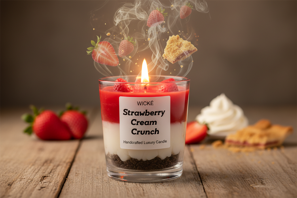 Wické Strawberry Cream Crunch candle in a glass container with layers of red, white, and brown on a white background.