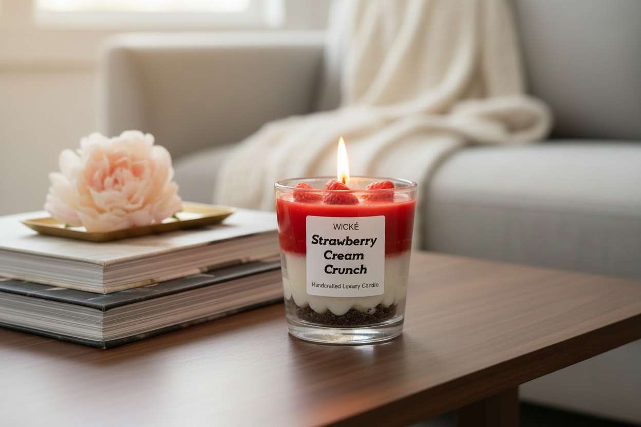 Wické Strawberry Cream Crunch candle in a glass container with layers of red, white, and brown on a white background.