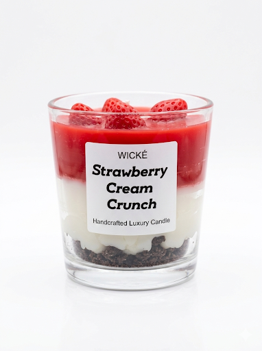 Wické Strawberry Cream Crunch candle in a glass container with layers of red, white, and brown on a white background.