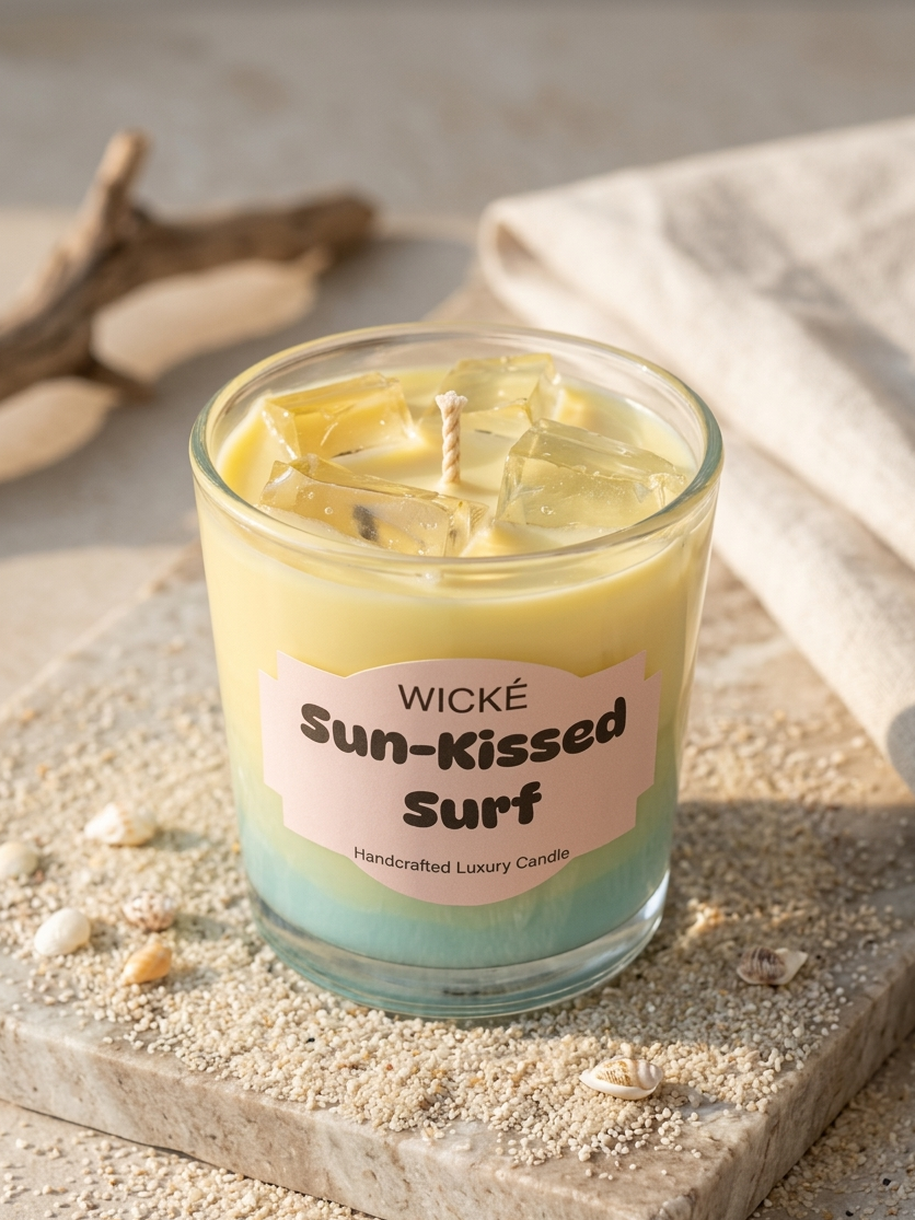 Wické Sun-Kissed Surf handcrafted luxury candle with blue and yellow wax layers and realistic wax ice cubes, displayed on a marble slab with sand and seashells.
