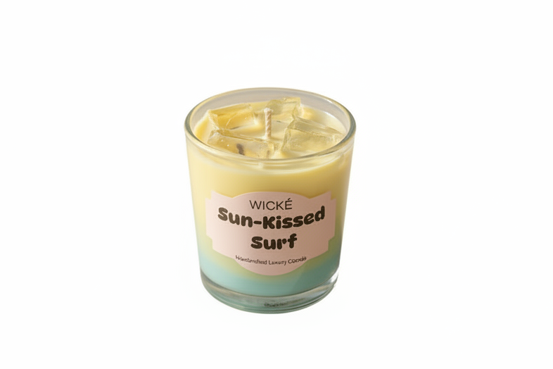 Wicke Sun-Kissed Surf candle on a sandy surface with driftwood and fabric in the background