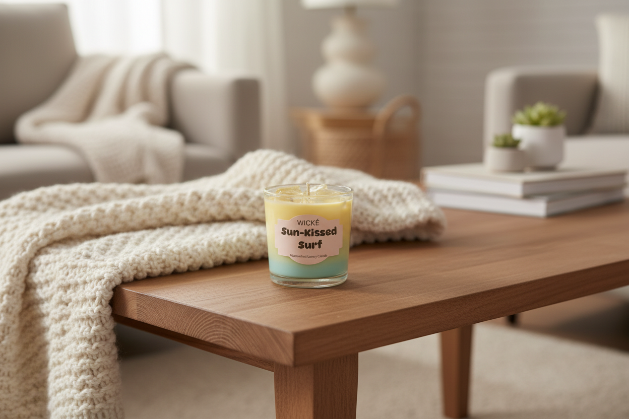 Wické Sun-Kissed Surf candle in a glass jar on a white background