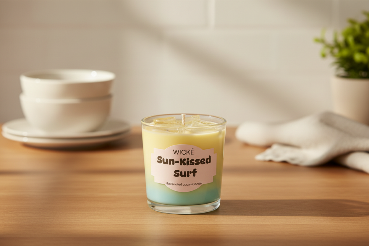 Wické Sun-Kissed Surf candle in a glass jar on a white background