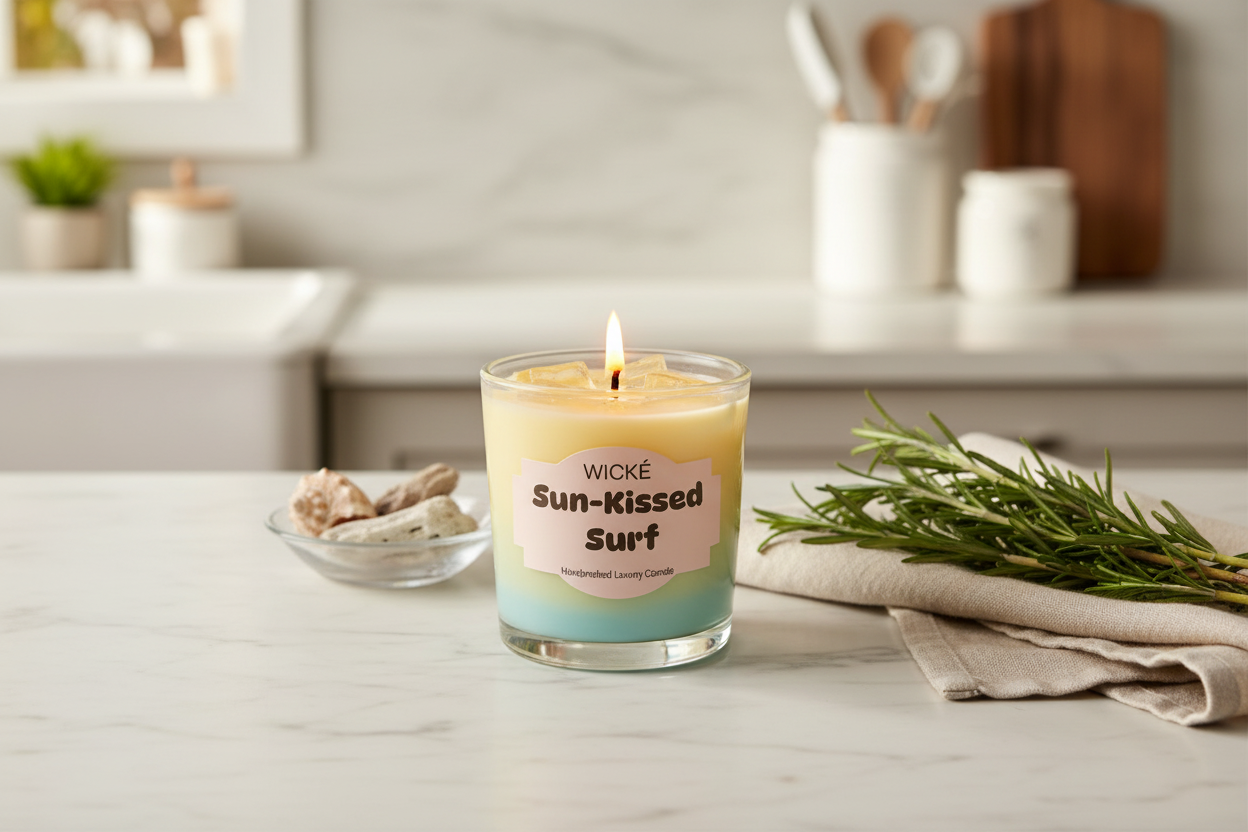 Wické Sun-Kissed Surf candle in a glass jar on a white background