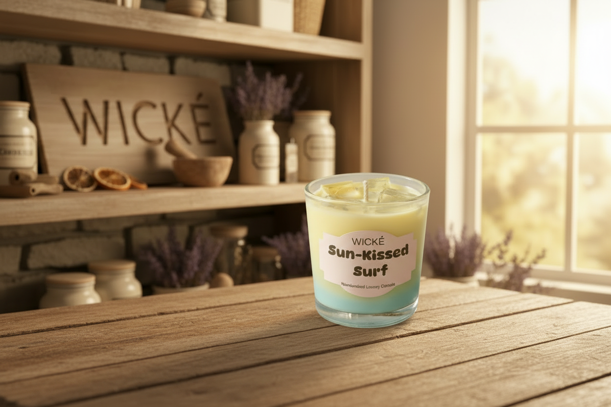 Wické Sun-Kissed Surf candle in a glass jar on a white background
