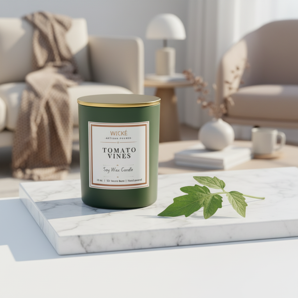 Green candle labeled 'Tomato Vines' by Wicke on a marble surface with a leaf.