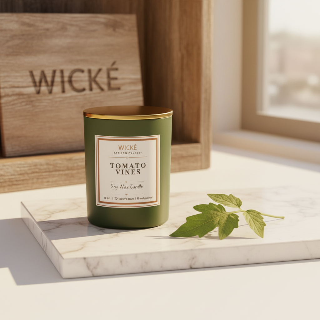 Green candle labeled 'Tomato Vines' by Wicke on a marble surface with a leaf.