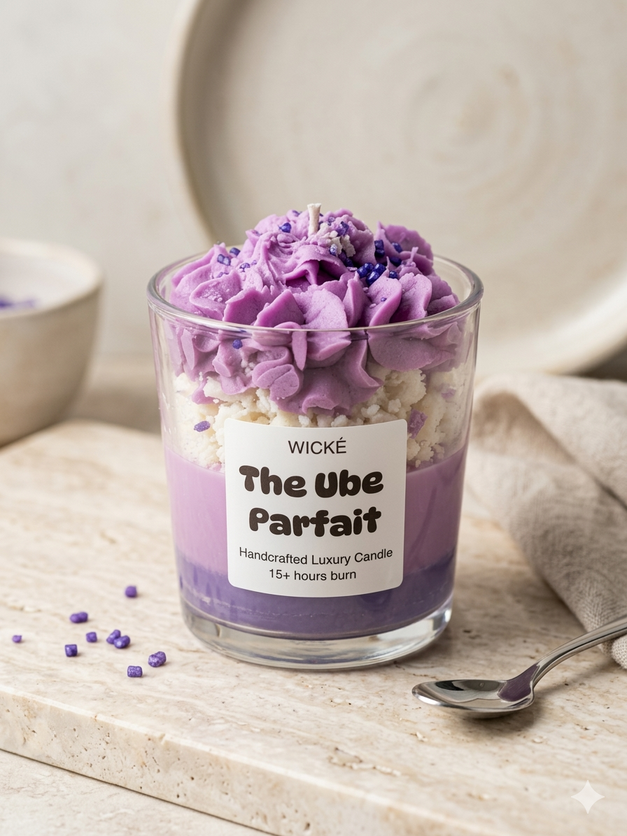 Handcrafted luxury dessert candle by Wické named 'The Ube Parfait' featuring purple whipped wax frosting and layers in a glass jar on a stone surface.