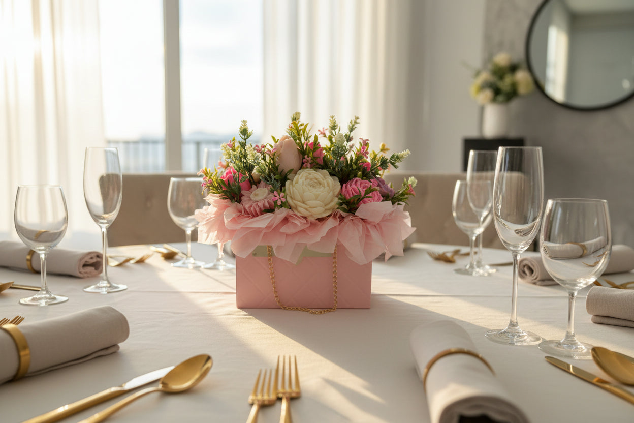 Elegant bridal shower table centerpiece featuring a hand-poured floral purse candle bouquet with realistic wax flowers in romantic golden hour lighting.
