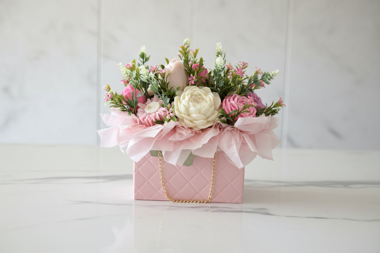 Luxurious hand-poured pink purse sculptural flower candle arrangement on a sleek white marble surface, perfect for high-end home decor and wedding gifts.
