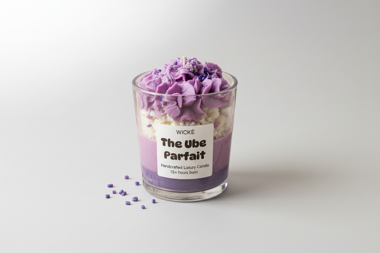 Handcrafted luxury dessert candle by Wické named 'The Ube Parfait' featuring purple whipped wax frosting and layers in a glass jar on a stone surface.