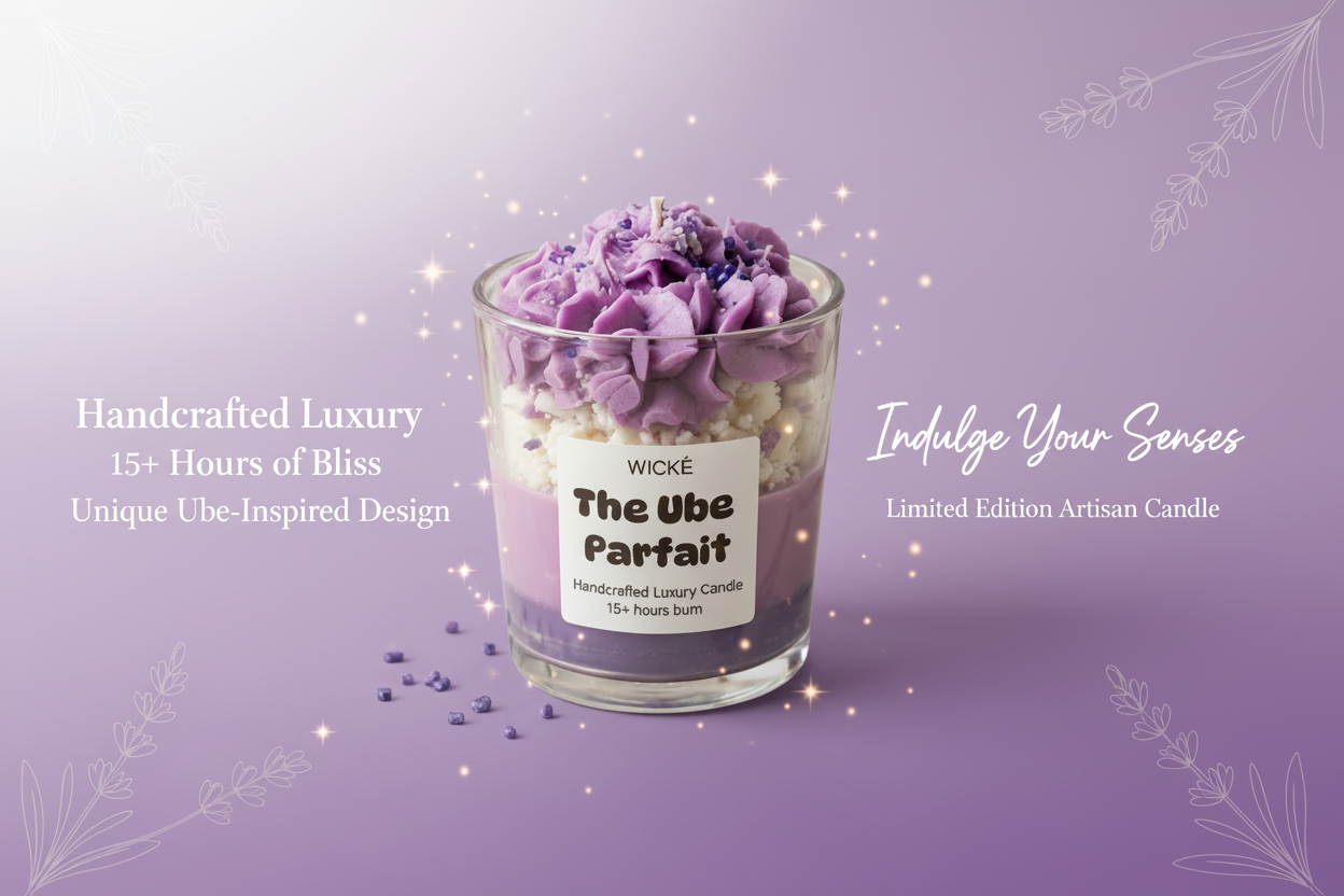 Handcrafted luxury dessert candle by Wické named 'The Ube Parfait' featuring purple whipped wax frosting and layers in a glass jar on a stone surface.