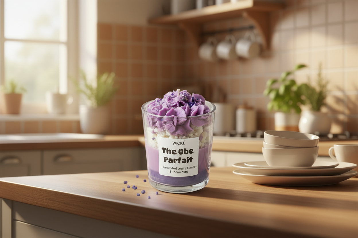Handcrafted luxury dessert candle by Wické named 'The Ube Parfait' featuring purple whipped wax frosting and layers in a glass jar on a stone surface.