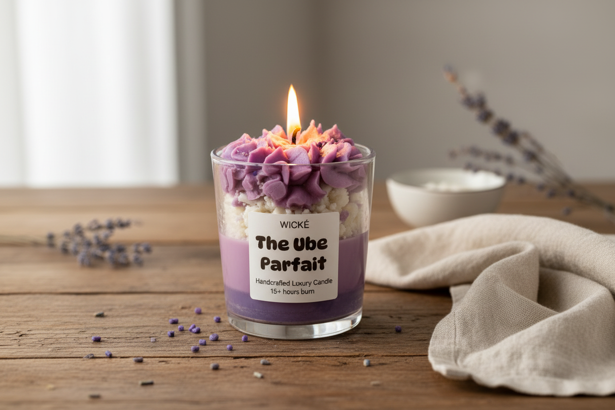 Handcrafted luxury dessert candle by Wické named 'The Ube Parfait' featuring purple whipped wax frosting and layers in a glass jar on a stone surface.