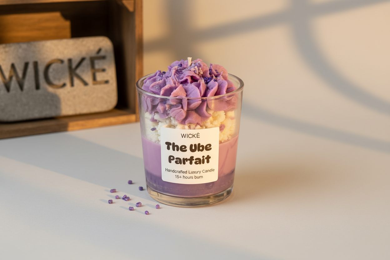 Handcrafted luxury dessert candle by Wické named 'The Ube Parfait' featuring purple whipped wax frosting and layers in a glass jar on a stone surface.