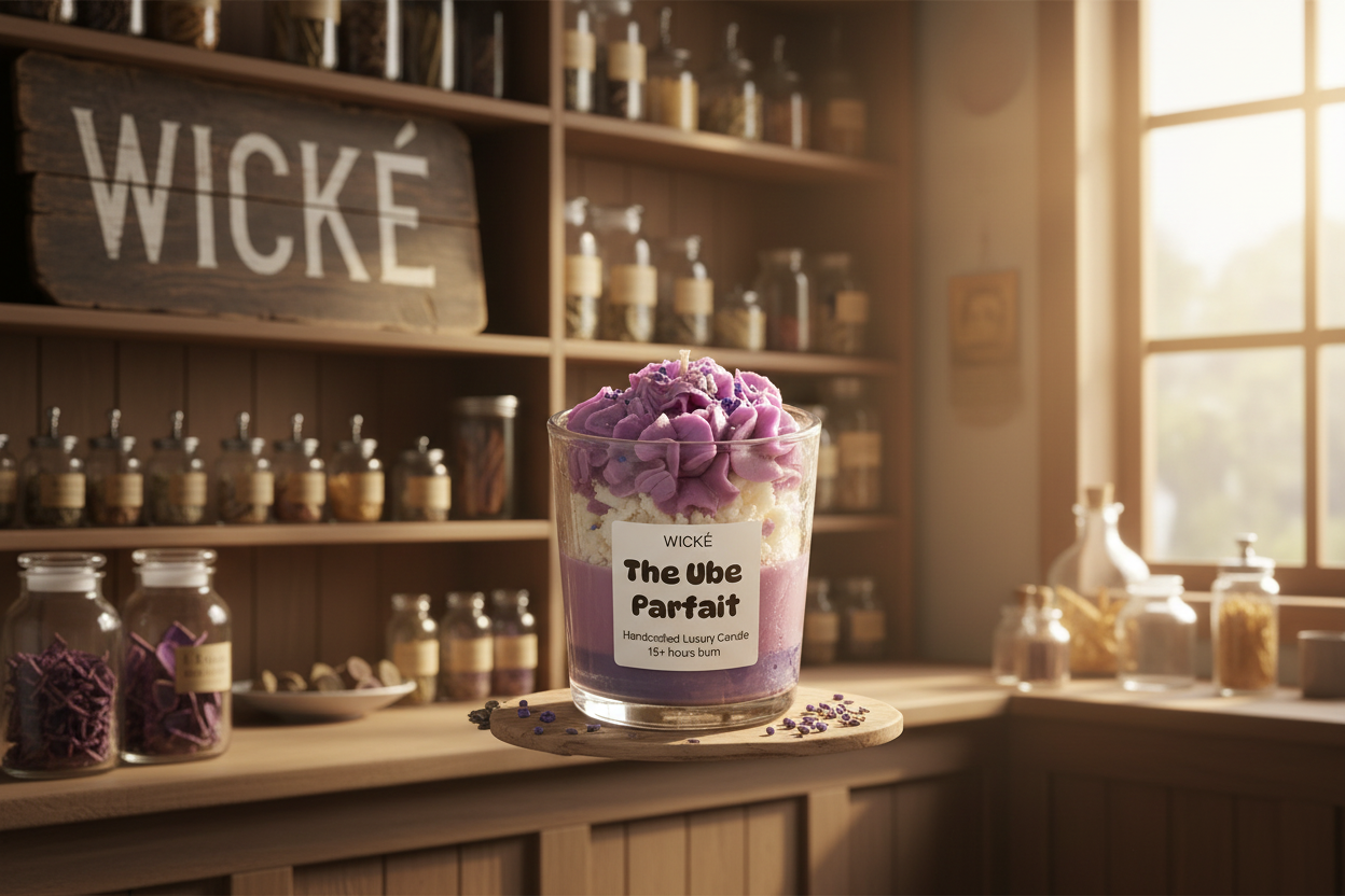 Handcrafted luxury dessert candle by Wické named 'The Ube Parfait' featuring purple whipped wax frosting and layers in a glass jar on a stone surface.