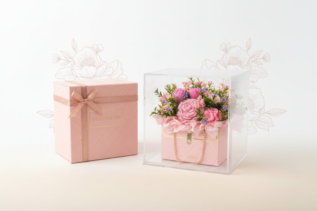 Premium gift unboxing setup showing the luxury sculptural purse flower candle alongside its upscale clear acrylic display box and elegant packaging.