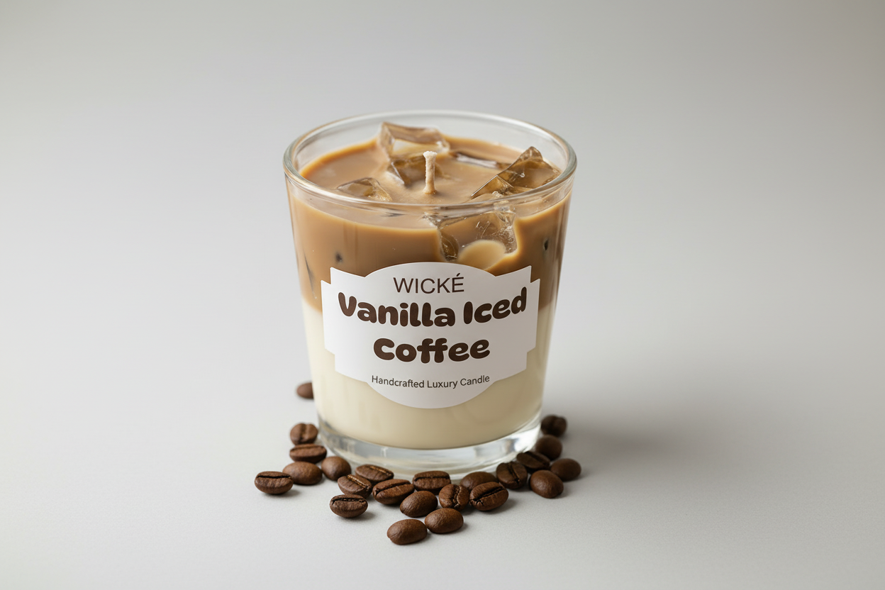 Wicke Vanilla Iced Coffee candle in a glass container on a marble surface with coffee beans and a spoon.