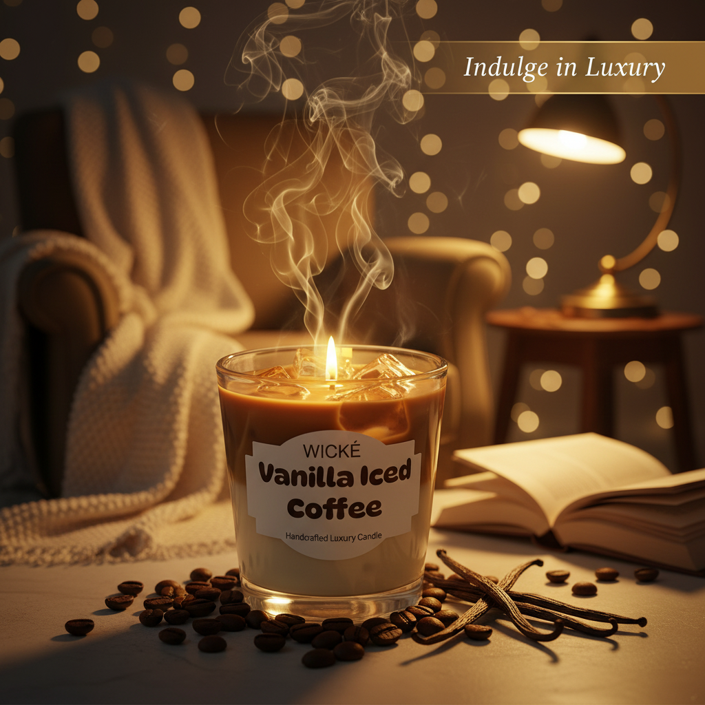 Handcrafted luxury candle by Wické designed to look like a vanilla iced coffee with realistic wax ice cubes in a glass jar on a marble coaster