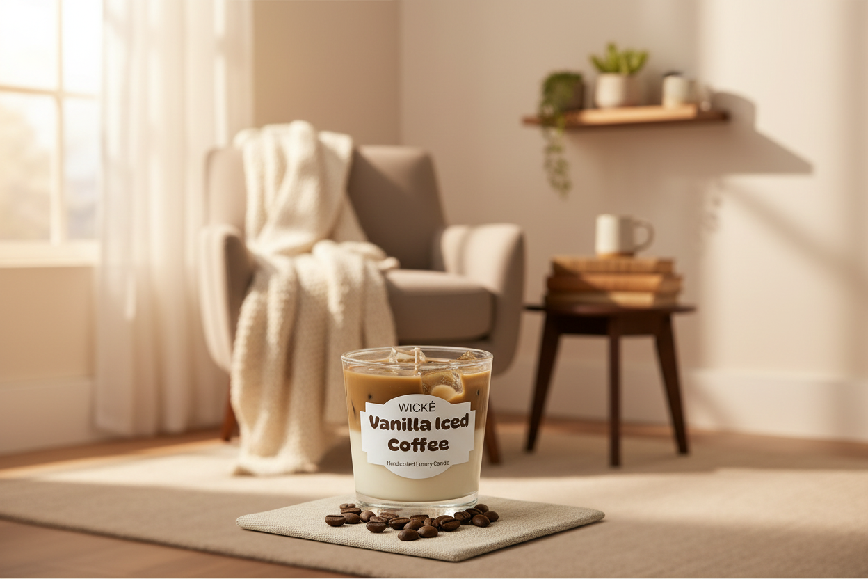 Wicke Vanilla Iced Coffee candle with coffee beans on a light gray background