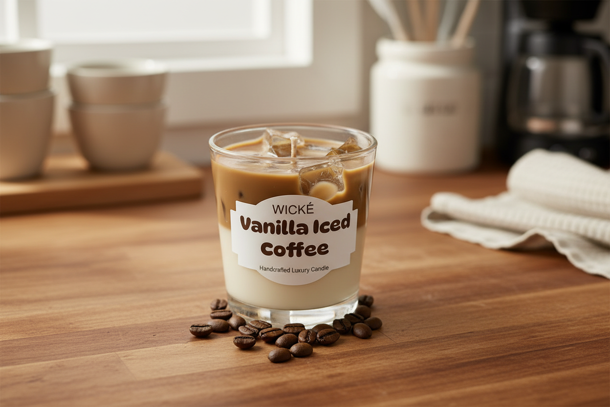 Wicke Vanilla Iced Coffee candle with coffee beans on a light gray background