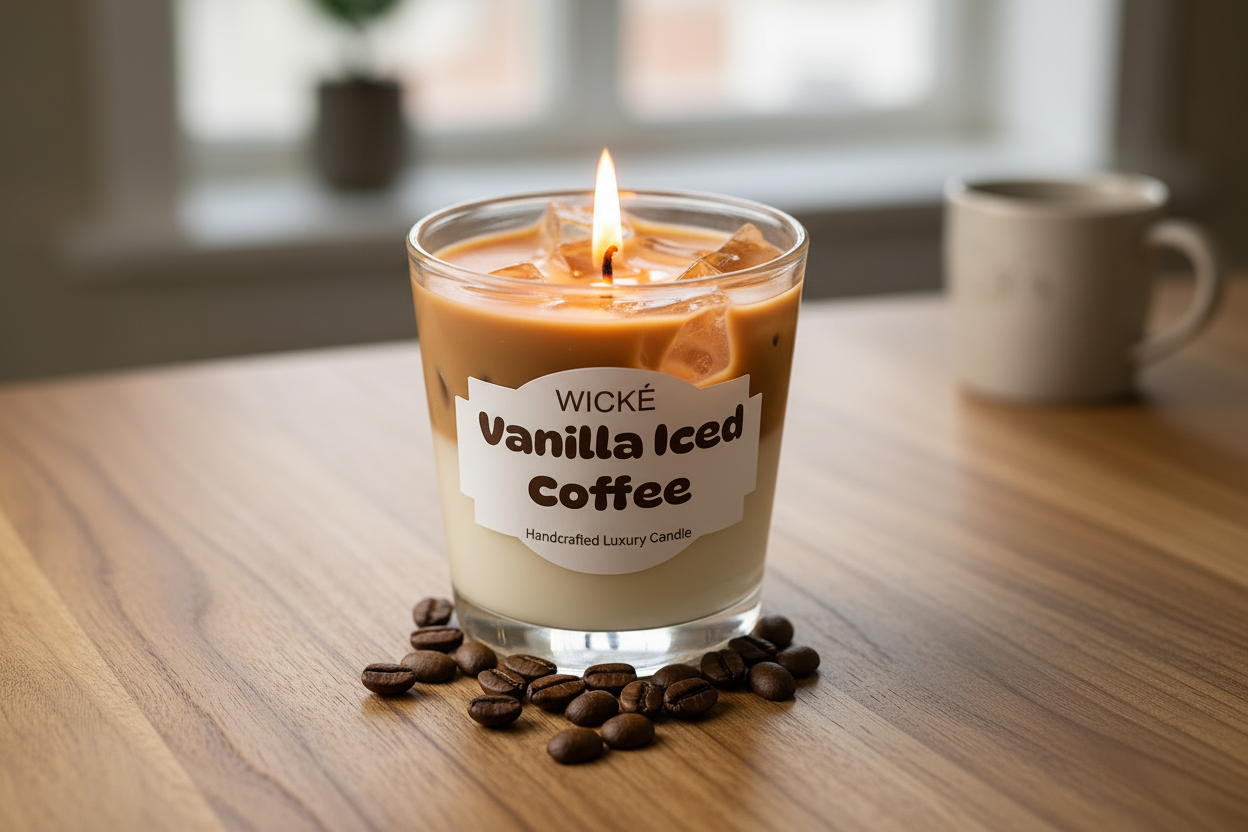 Wicke Vanilla Iced Coffee candle with coffee beans on a light gray background