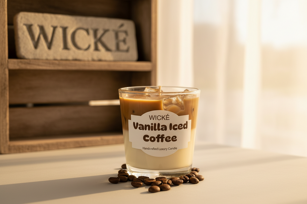 Handcrafted luxury candle by Wické designed to look like a vanilla iced coffee with realistic wax ice cubes in a glass jar on a marble coaster