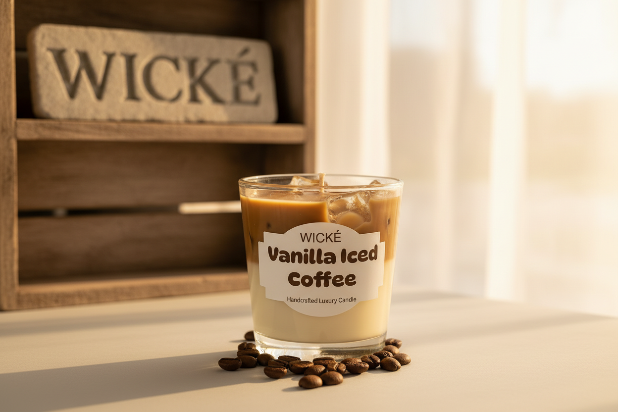 Handcrafted luxury candle by Wické designed to look like a vanilla iced coffee with realistic wax ice cubes in a glass jar on a marble coaster