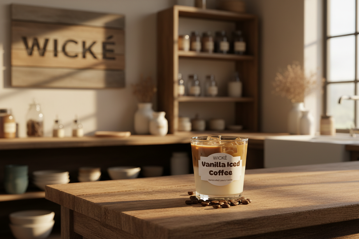 Wicke Vanilla Iced Coffee candle with coffee beans on a light gray background