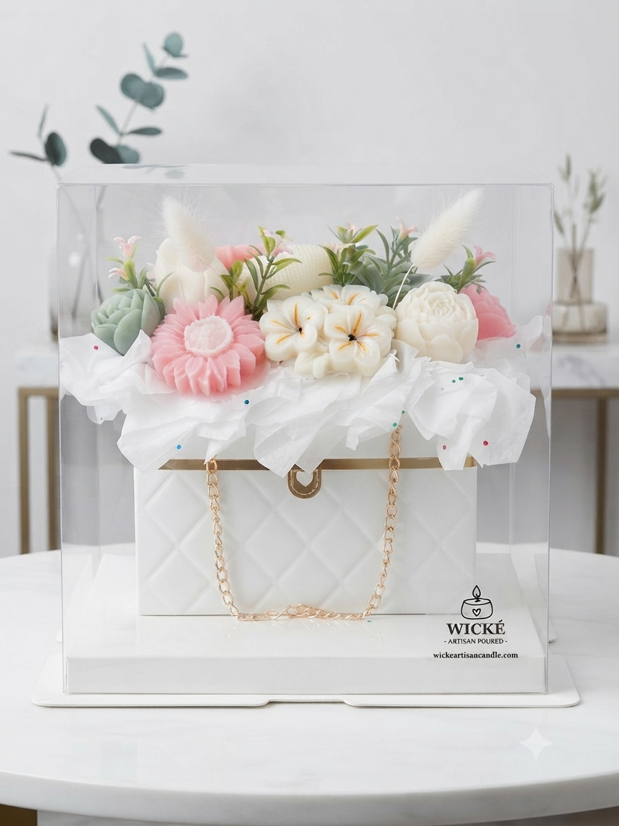 Wické White Floral Purse Candle Bouquet — hand-poured in Canada
