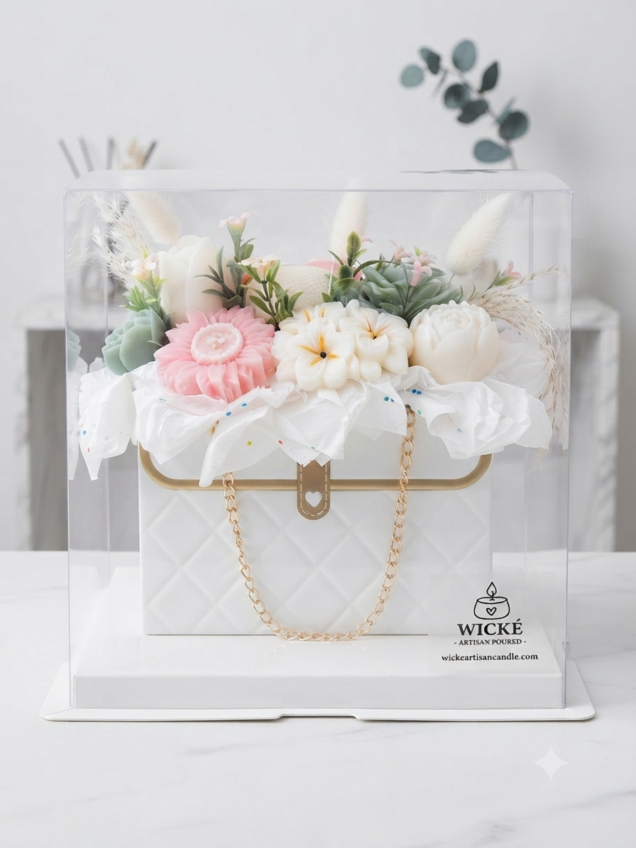 Wické White Floral Purse Candle Bouquet in an acrylic display box with a satin ribbon