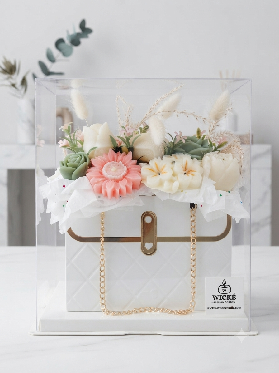A white quilted handbag with gold hardware and a gold chain, displayed inside a clear acrylic display case. The bag is decorated with a floral arrangement of faux roses, succulents, and pampas grass on a white tissue paper.
