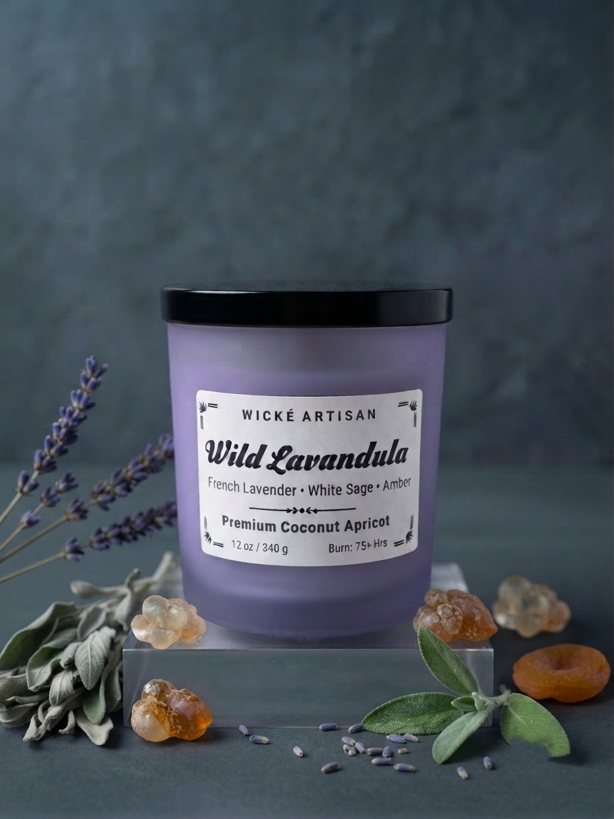 A lavender scented candle by Wické Artisan in a frosted glass jar with a black lid, styled with lavender sprigs, green leaves, and dried apricots on a dark textured background.